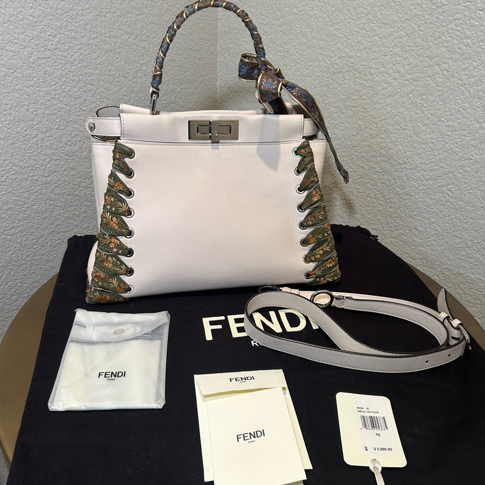 Fendi Peekaboo Medium Ribbon-Laced Leather Satchel Cream, Green & Blue